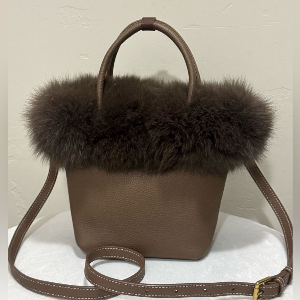Brown Premium Real Fox Fur Trimmed With Togo Cowhide Handmade Tote Bag/Crossbody